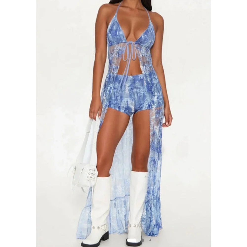 Fashion Nova Blue Floral Lace Mesh Halter Maxi Duster and Shorts Cover Up Set